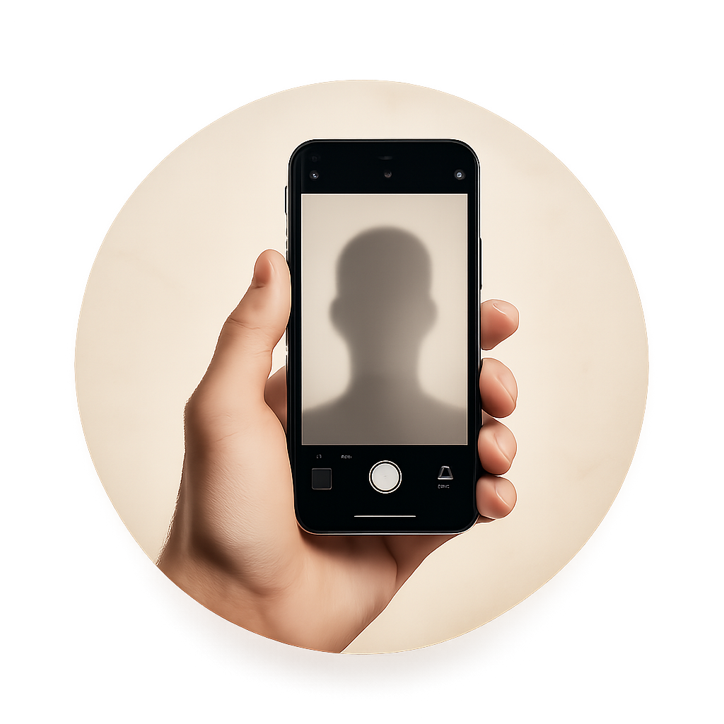 Hand holding a smartphone with a face silhouette, illustrating the “Upload your photo” step.