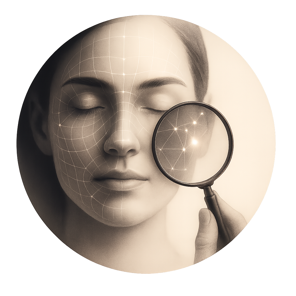 AI analysis of facial morphology with mesh landmarks highlighted by a magnifying glass.