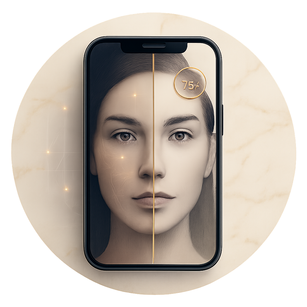 Real-time AI simulation with a before/after slider on a smartphone face preview.