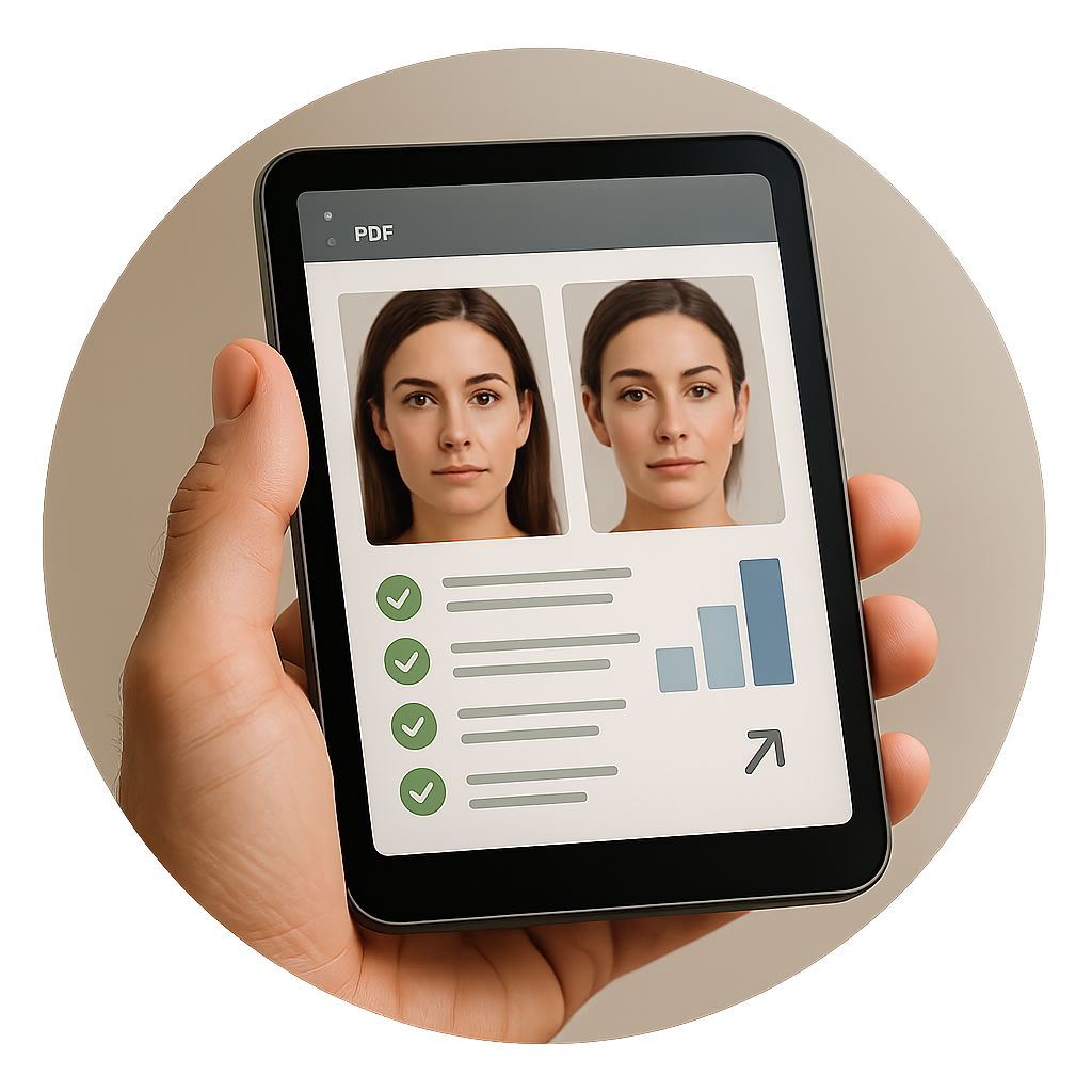 Detailed surgical preview report on a tablet: before/after photos, checklist, charts, and export/share indicator.